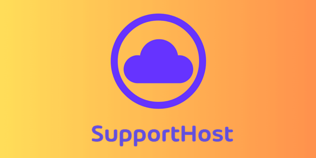 Purple cloud logo with “SupportHost” text on orange gradient background.