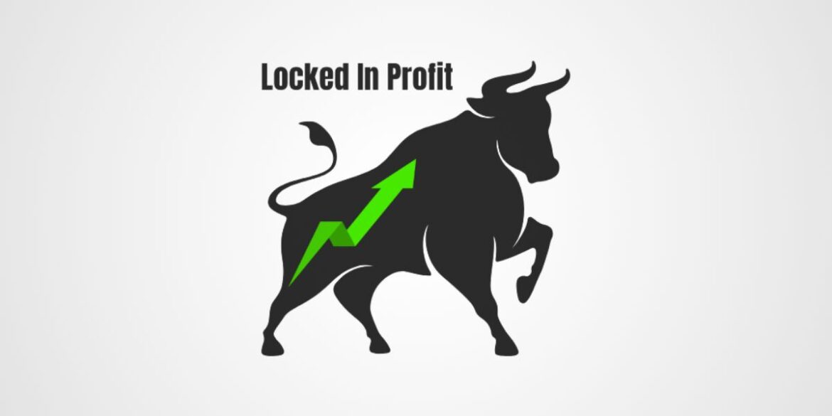 Image of a bull with a green upward arrow, symbolizing stock market growth and profit, with 'Locked In Profit' text.