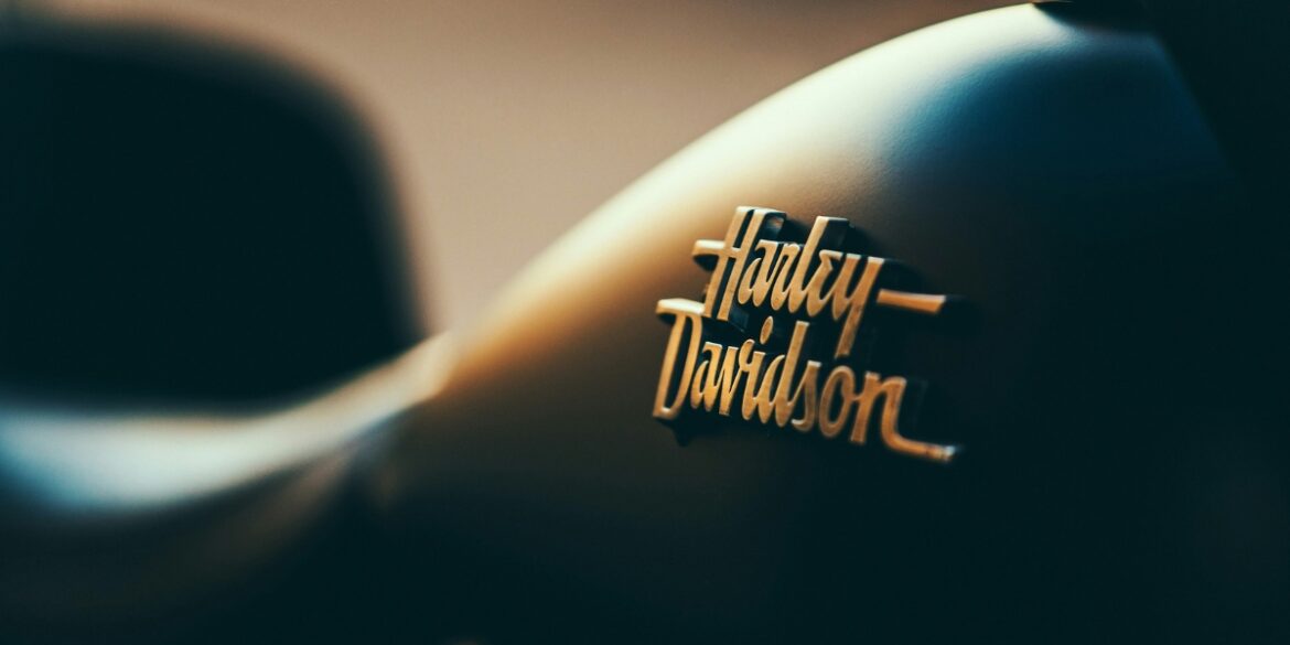 Close-up of a Harley-Davidson motorcycle fuel tank with the brand emblem illuminated by warm light.