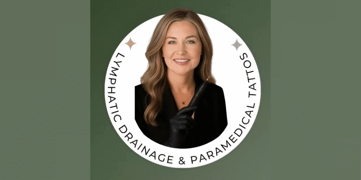 Professional portrait of a woman holding a tool, surrounded by the logo for Lymphatic Drainage & Paramedical Tattoos, offering specialized services in lymphatic health and paramedical tattooing.