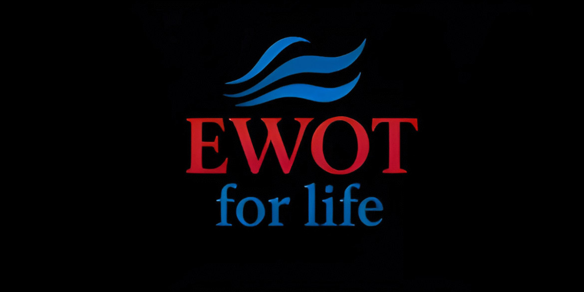 The logo of EWOT for Life, featuring the bold red and blue text 'EWOT' with the tagline 'for life' in blue. The design includes flowing wave-like elements in blue, symbolizing the breath-enhancing technology associated with the brand.