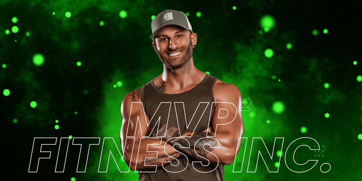 A man wearing a cap and a tank top smiles confidently in front of a green, glowing background. The text "MVP² FITNESS INC." is displayed in large, white letters at the bottom.