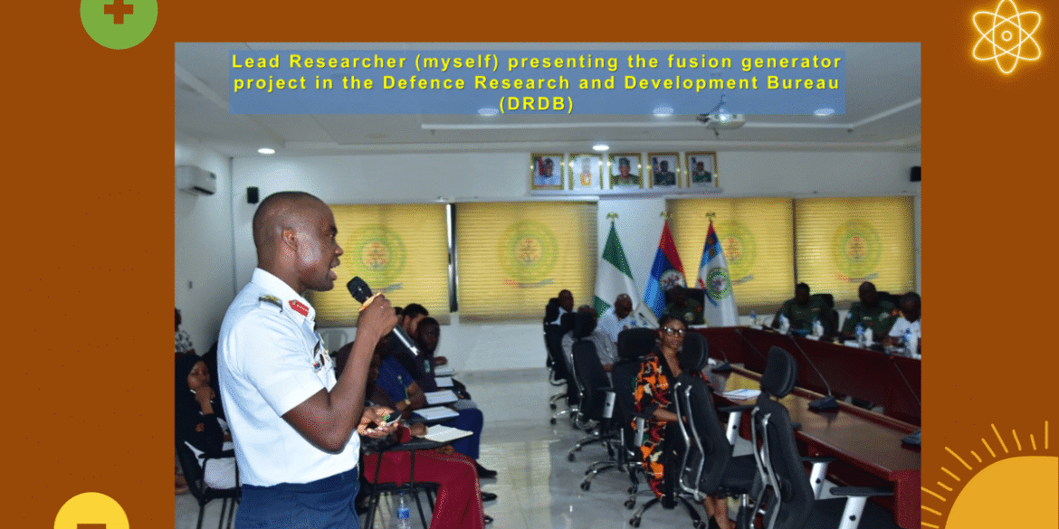 Nigerian military lead researcher Henry Iheanacho Eze presents nuclear fusion generator project at the Defence Research and Development Bureau (DRDB), showcasing Project PHAREZ’s clean energy innovation for Sub-Saharan Africa
