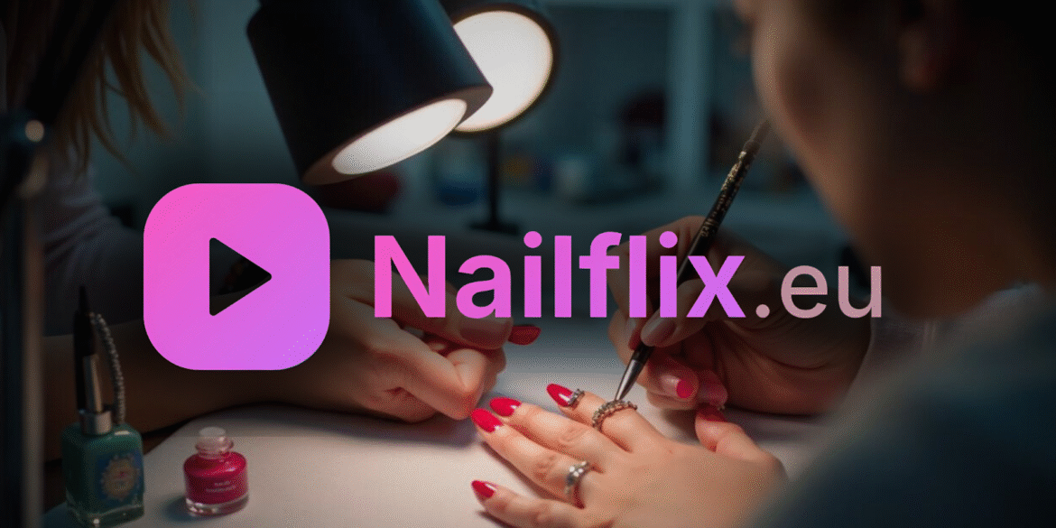 Nailflix logo in pink, with a background image of a manicure session being done under a lamp, showcasing nails being painted and a bottle of nail polish.
