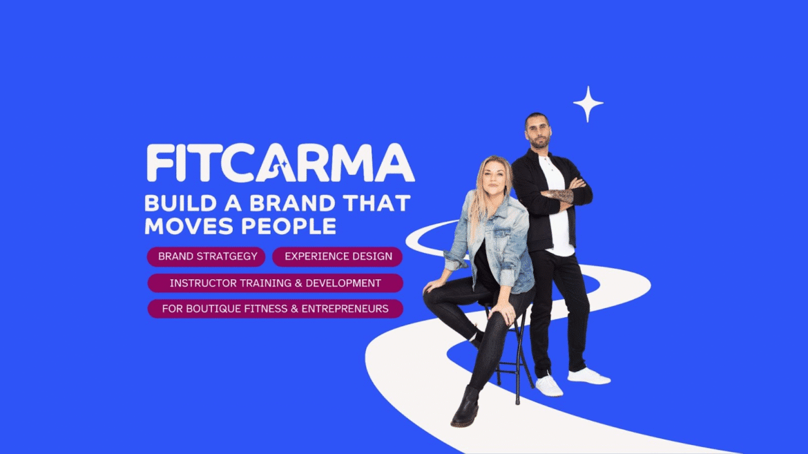Two Fitcarma founders pose confidently beside branding text about building emotionally resonant fitness brands.