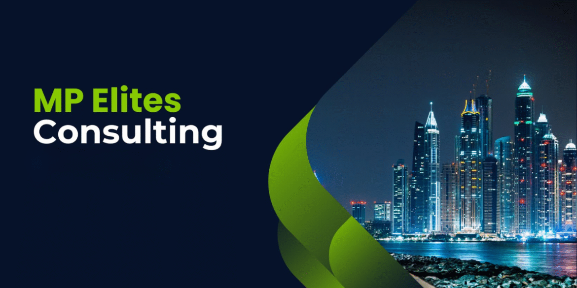 MP Elites Consulting logo with modern typography and a green and white color scheme, accompanied by a city skyline at night featuring illuminated skyscrapers.