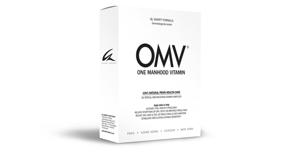 "OMV One Manhood Vitamin box packaging with branding, featuring 100% natural penis health care and 30 topical skin-reviving vitamin ampules for activating healthy skin and relieving symptoms of irritation."