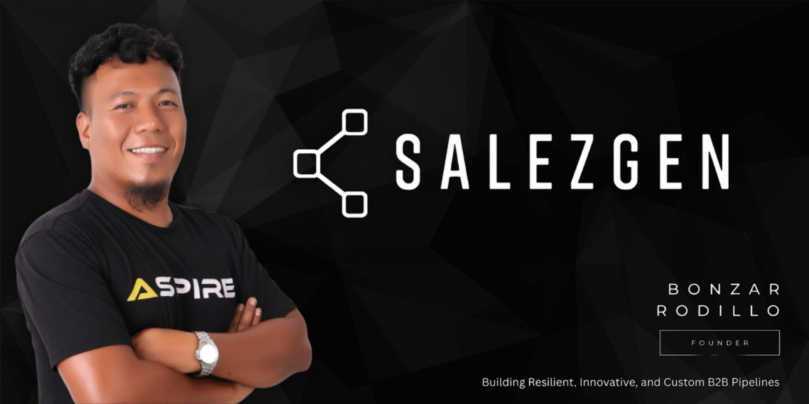 Portrait of Bonzar Rodillo, the founder of Salezgen, smiling with arms crossed, wearing a black ASPIRE t-shirt, against a sleek, dark background featuring the Salezgen logo and tagline 'Building Resilient, Innovative, and Custom B2B Pipelines.