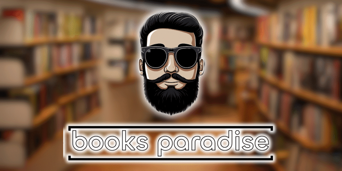 "Logo of Books Paradise featuring an animated character with a beard and sunglasses, set against a blurred background of a bookstore, symbolizing a cool and modern space for book lovers."