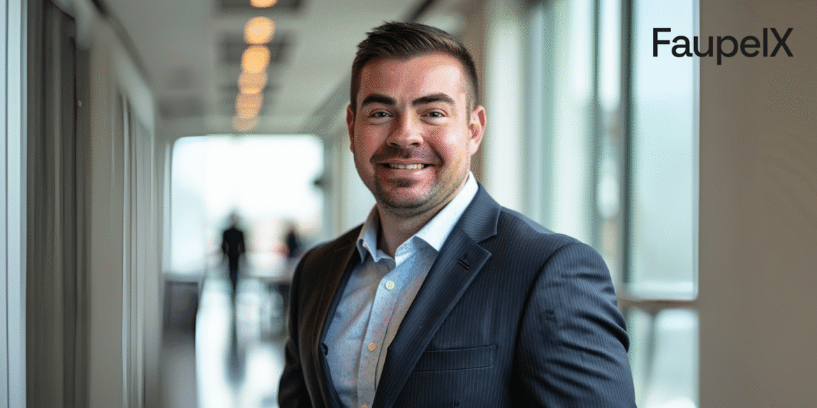Smiling man in suit poses in hallway with “FaupelX” text in background.