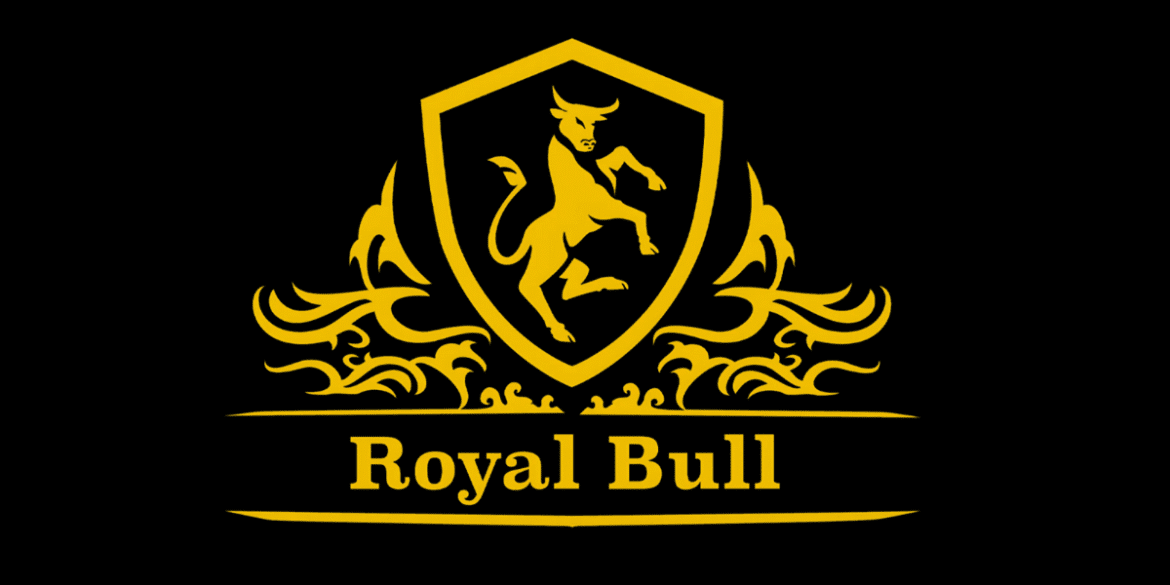Royal Bull logo featuring a golden shield with an image of a rearing bull in the center, ornate flourishes surrounding the shield, and the text 'Royal Bull' in bold, golden letters beneath.
