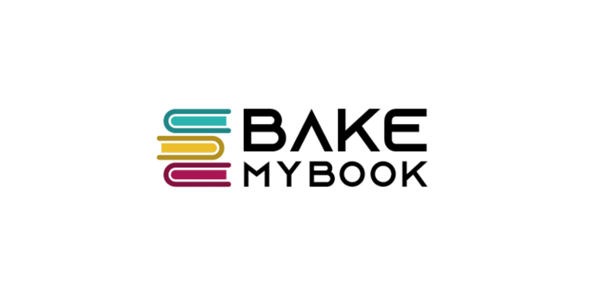 Logo of Bake My Book featuring colorful stacked books and bold typography.