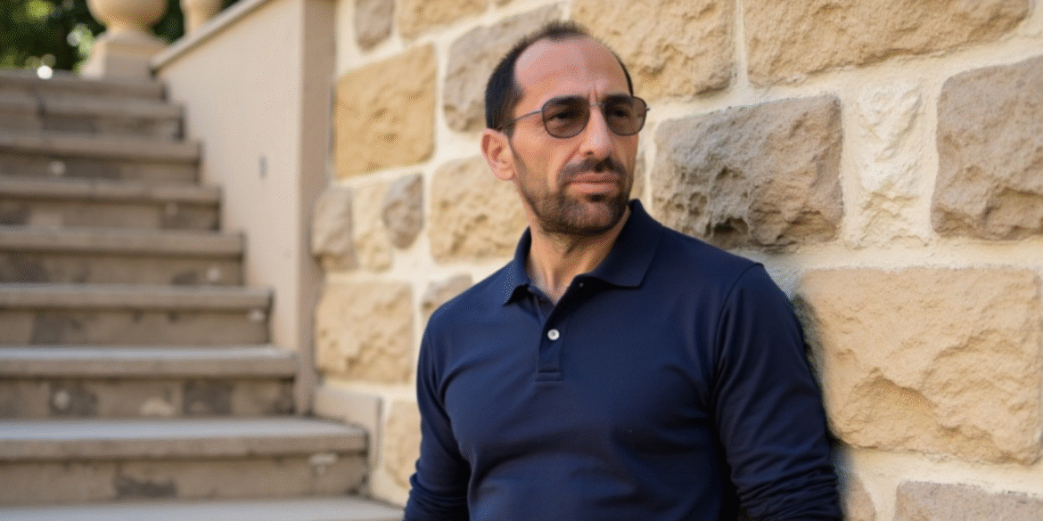 Man in navy shirt and sunglasses standing beside stone wall near stairs.