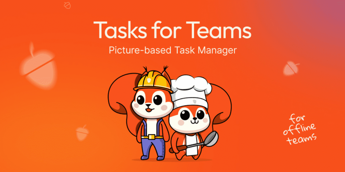Two cartoon squirrels in worker outfits promoting Tasa.app, a picture-based task manager for multilingual offline teams.