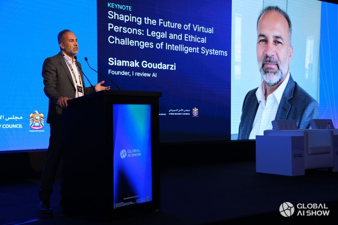 Dr. Siamak Goudarzi presenting on AI ethics, law, and the future of virtual personhood at Global AI Show.