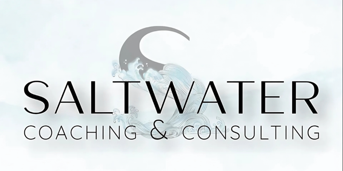 "Logo for Saltwater Coaching & Consulting featuring the word 'SALTWATER' with a stylized wave design forming the letter 'S'."