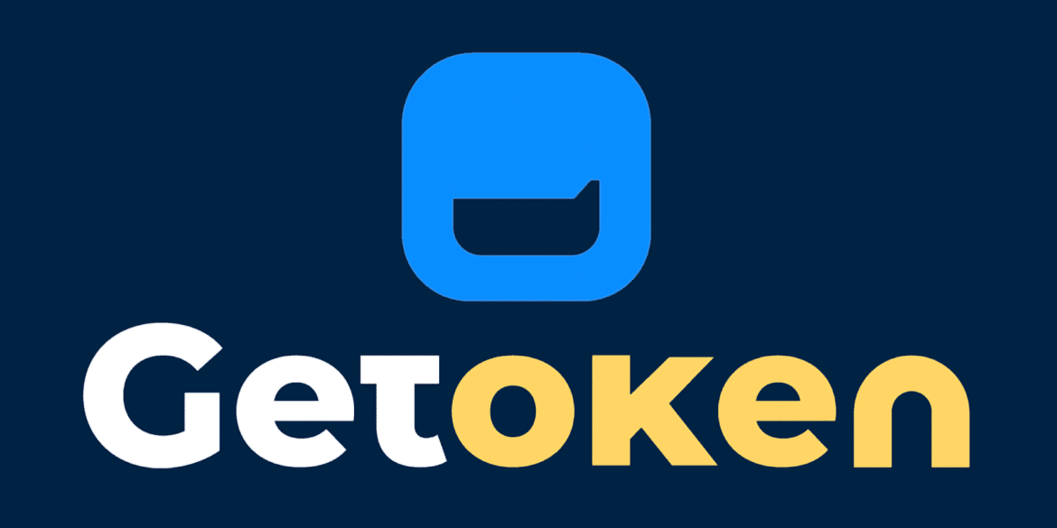 "GetToken logo with modern design, featuring a blue square icon with a speech bubble and bold text 'GetToken' in white and yellow colors, symbolizing digital communication and innovation."