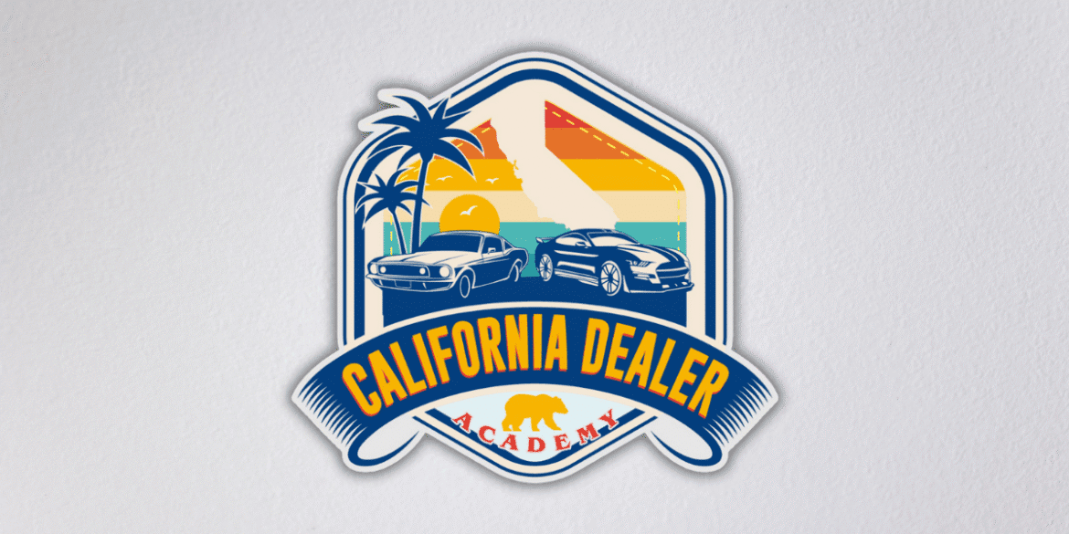 Logo featuring cars, palm trees, and California map with text: California Dealer Academy – empowering auto dealership entrepreneurs.