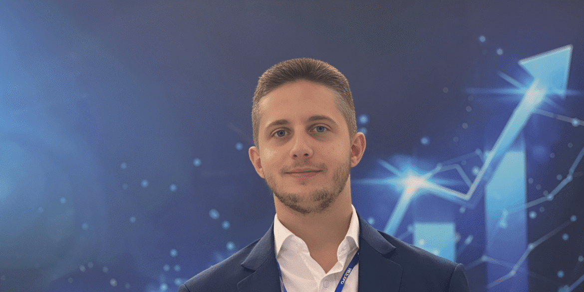 Leonidas Diamantopoulos, CEO of TechIns, stands against a digital backdrop, representing innovation and growth in Southeast Europe.