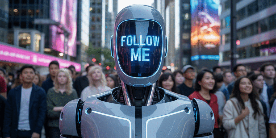 AI-driven robot with 'FOLLOW ME' message leads a crowd, symbolizing the shift to AI-powered conversations for brand visibility.