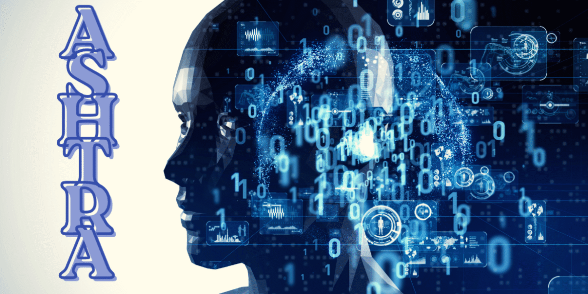 Digital human head with binary code and tech icons, symbolizing Ashtra’s AI transforming beauty business operations.