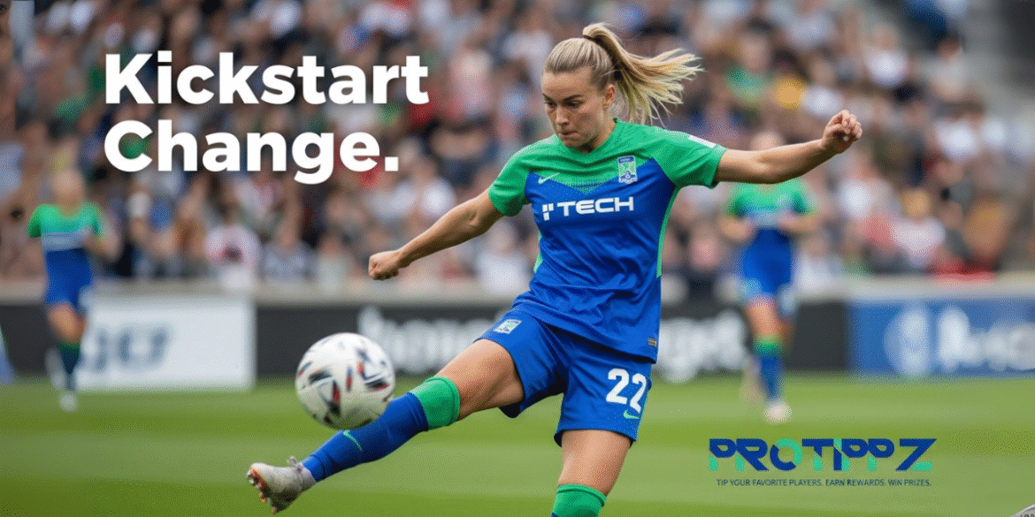 Female soccer player from PROTIPPZ platform kicking the ball, symbolizing fan-driven athlete support and transformative sports economics.