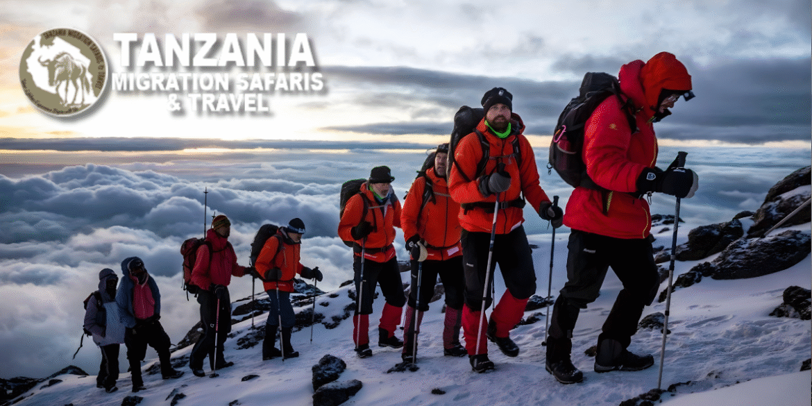 Kilimanjaro Trekkers: Adventurers climb Mount Kilimanjaro, immersed in a breathtaking sunrise scene.