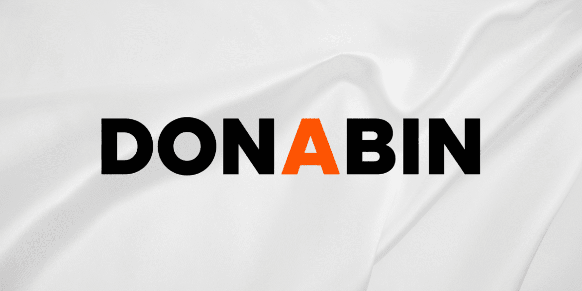 DONABIN logo with bold black letters and orange A on soft white textured background