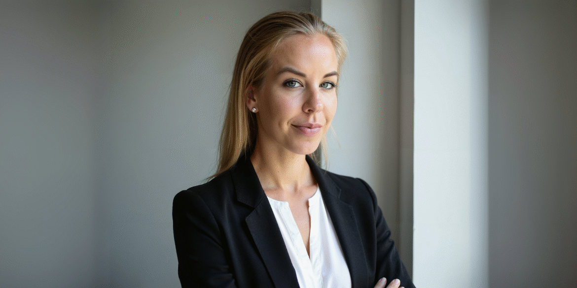 Regitze Campbell, founder of Digibate, stands confidently in professional attire by a window.