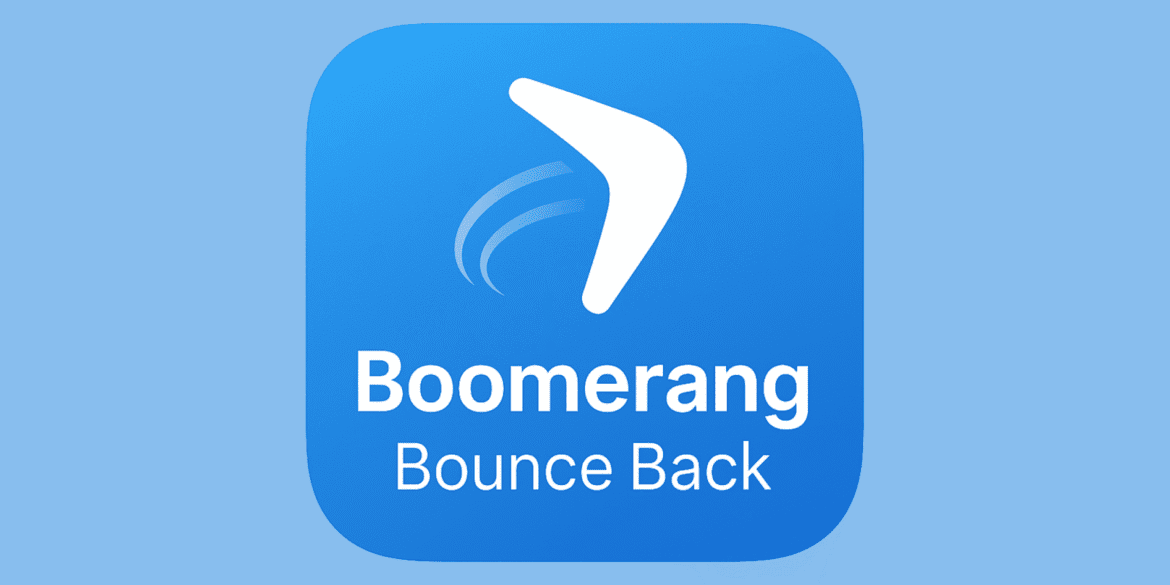 "Boomerang app logo with a blue background and a white boomerang icon, accompanied by the text 'Boomerang Bounce Back.'"