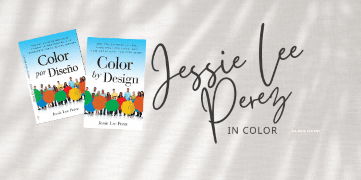 Books *Color by Design* and *Color por Diseño* beside “Jessie Lee Perez In Color” on textured background.