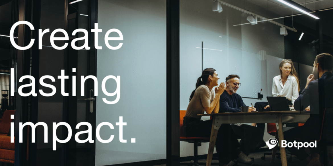 Four professionals collaborating in a modern office with text overlay: "Create lasting impact." Botpool logo visible.