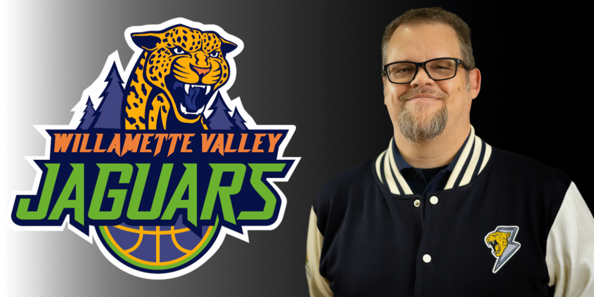 Kelly Richard Long, President of Gameday Operations, smiles confidently beside the Willamette Valley Jaguars logo, showcasing his leadership.
