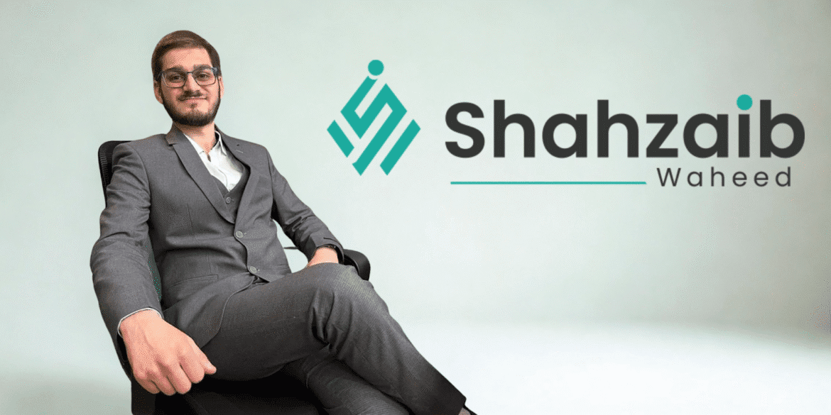 Shahzaib Waheed in a suit beside his logo, representing innovation in education, technology, and global entrepreneurship.