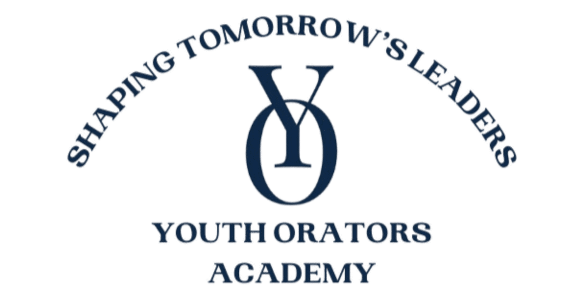 Logo of Youth Orators Academy with the tagline “Shaping Tomorrow’s Leaders,” promoting youth leadership and public speaking development.