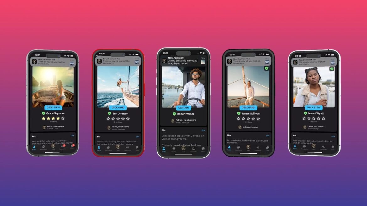 Crewdar platform interface displaying AI-powered yacht crew verification and matching features on laptop and mobile screens.