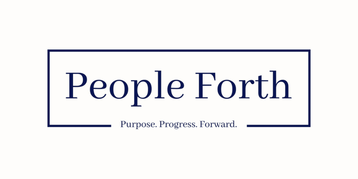 People Forth logo with navy blue font and rectangular border, featuring the tagline 'Purpose. Progress. Forward.