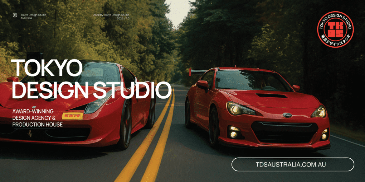 Red sports cars driving on a road, symbolizing high-energy, high-impact branding and design by Tokyo Design Studio Australia.