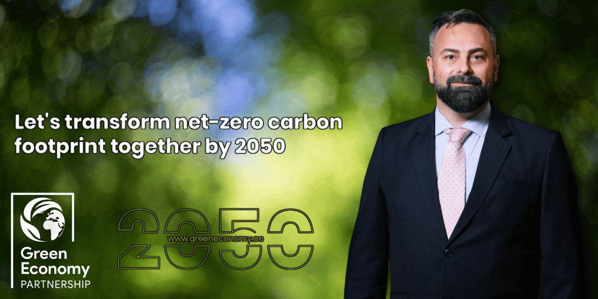 Ivano Iannelli promoting AI-powered platform to achieve net-zero carbon footprint by 2050 with Green Economy Partnership.