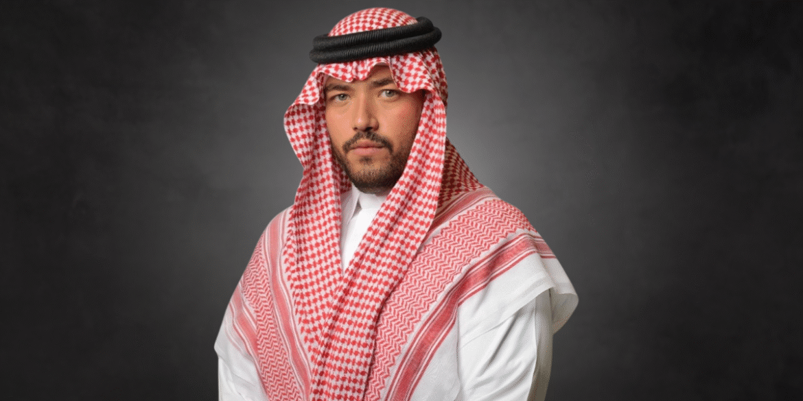 Abdullah Danish, visionary leader in Saudi defense and logistics, wearing traditional Saudi attire, symbolizing strength and innovation.
