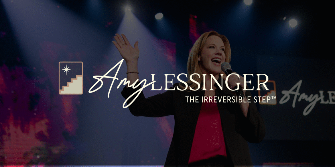 Amy Lessinger speaking at an event, representing "The Irreversible Step™" leadership transformation framework, empowering leaders to evolve.