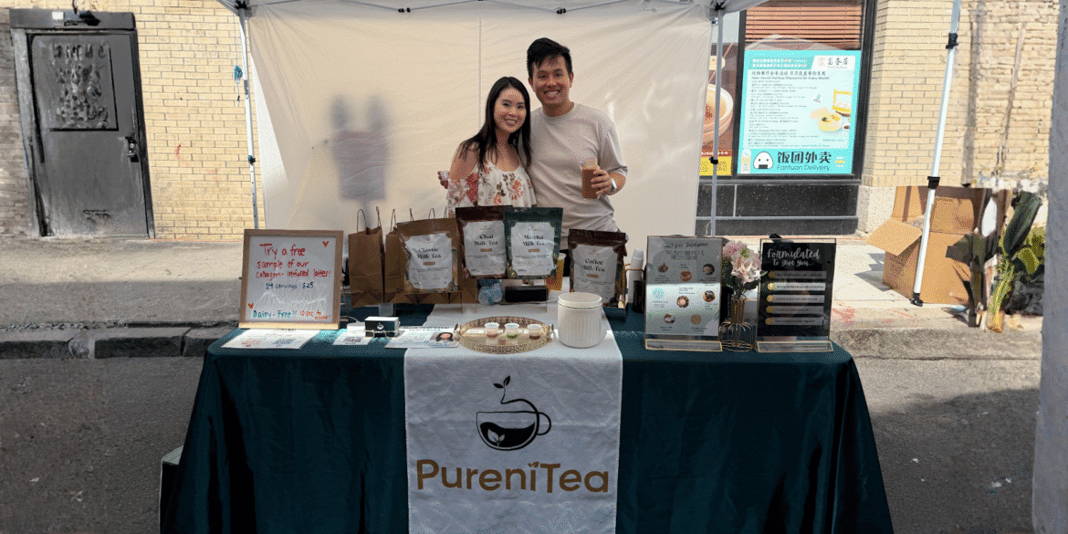 Brenda Yik and her partner at PureniTea booth, showcasing their wellness-focused milk tea blends at a local event.