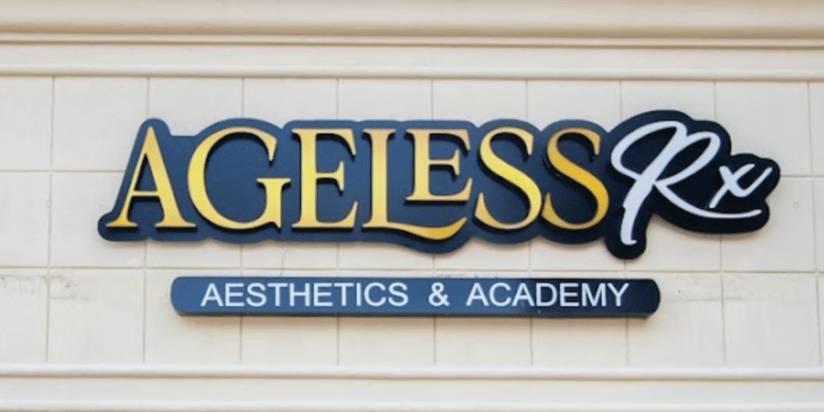 Signage for AgelessRx Aesthetics & Academy, highlighting the business’s focus on hands-on aesthetic training and professional education led by founder Jamie Wright, emphasizing skill development and practitioner empowerment.