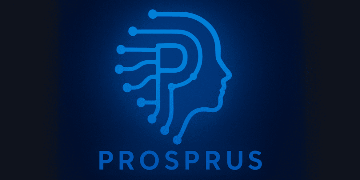 "Prosprus AI logo featuring a futuristic design with a digital outline of a human head, symbolizing the company's focus on AI-powered automation and innovation."
