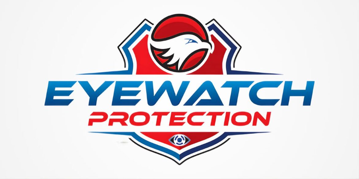 Eyewatch Protection logo featuring a bold, modern design with an eagle and protective shield motif in red and blue.