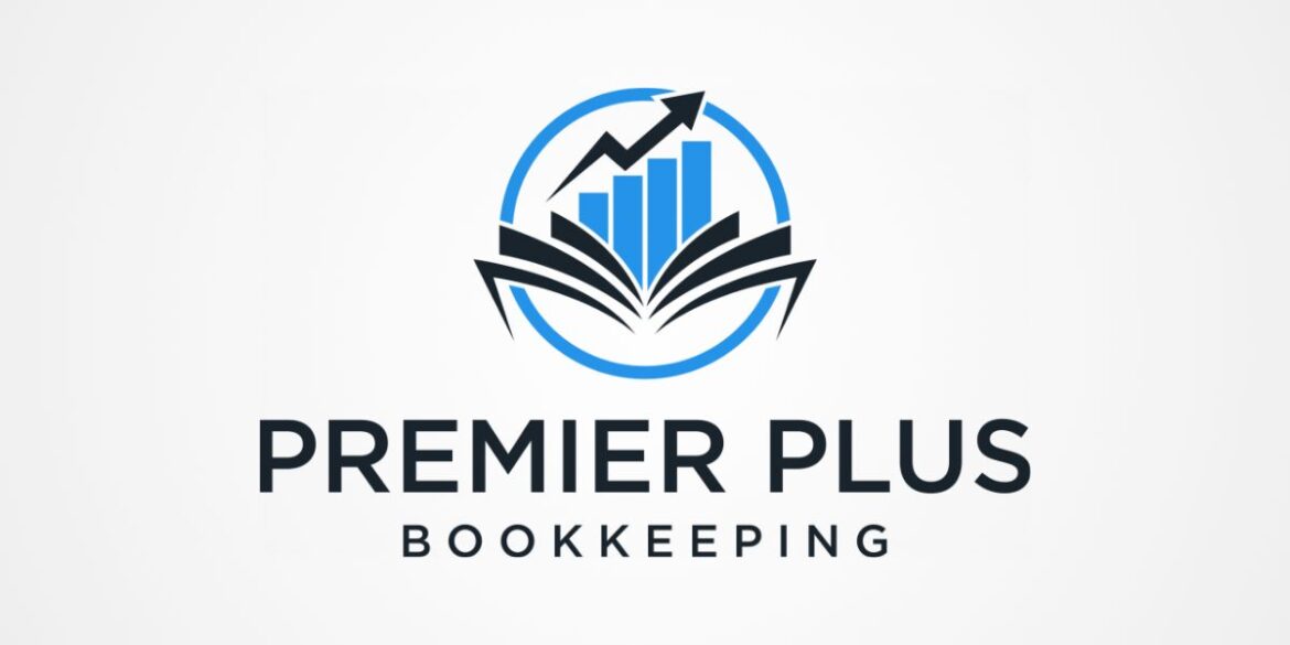 Premier Plus Bookkeeping logo with blue and black elements, symbolizing financial growth and expert bookkeeping services for businesses.