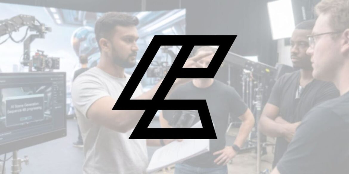 Image shows Asghar Ali Ghanchi discussing filmmaking with AI integration, surrounded by team members, in a studio setting.