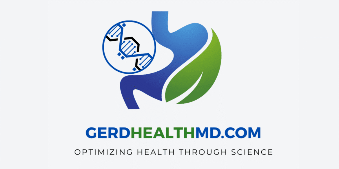 GERDHealthMD logo featuring a DNA symbol, digestive system icon, and a leaf, representing science-driven digestive health solutions for executives.