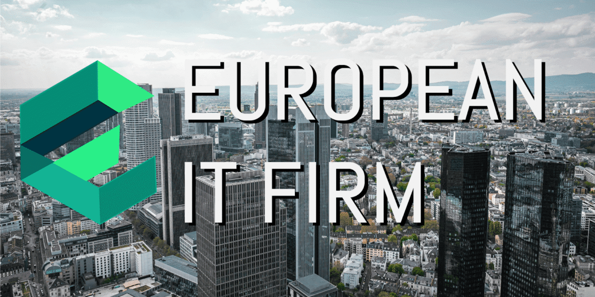 European IT Firm logo with a city skyline background, representing seamless IT solutions, business growth, and pan-European services.
