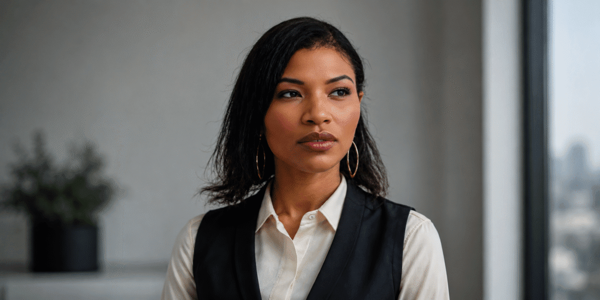 Professional woman in business attire looking confidently out office window.